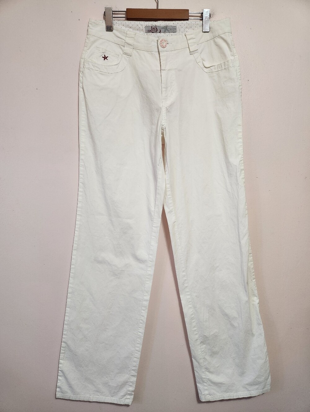 Vintage Y2K Lois White Stretch Cotton Twill Extra Long Pants Red Starfish Sz 12
